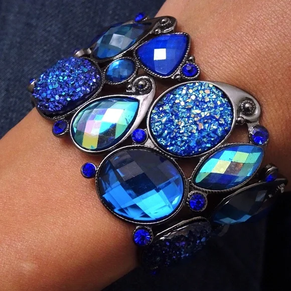 Iridescent Blue Jewel Druzy Big Stretch Bangle Statement Bracelet - Picture 3 of 5